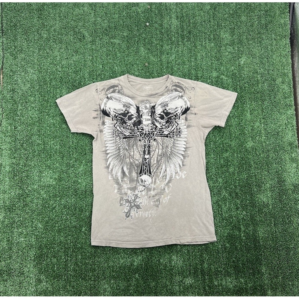 Apostasy Graphic Print Cross And Wings Y2K Affliction 2000 T-Shirt Mens Med Gray